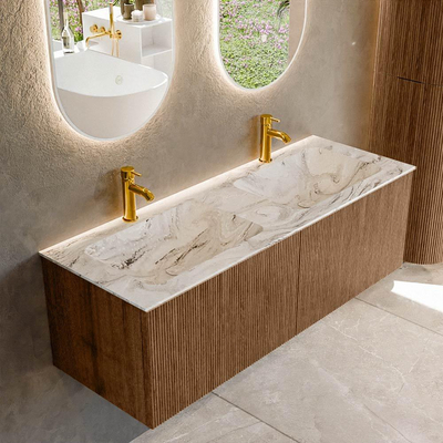 MONDIAZ KURVE-DLUX 130cm Meuble salle de bain - couleur Walnut - 2 tiroirs - vasque LEAF double - 2 trous de robinet - couleur Glace