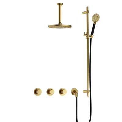 Hotbath Cobber X IBSX70 Regendoucheset inbouw - hoofddouche 20cm - plafondarm 15cm - glijstang - handdouche rond 3 standen - geborsteld messing - PVD