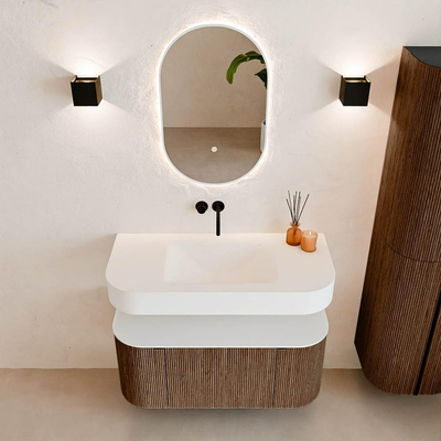 MONDIAZ THOR 100cm meuble de salle de bains arrondi gauche + droite couleur Walnut avec 1 tiroir et 2 portes. Vasque suspendue CLOUD Milieu sans trou de robinet couleur Talc.