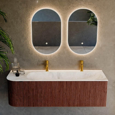 Mondiaz KURVE-DLUX Ensemble de meuble de salle de bains - 145x46x40cm - 1 tiroir - 1 porte - lavabo solid surface - droit - 2 trous de robinet - Ruby
