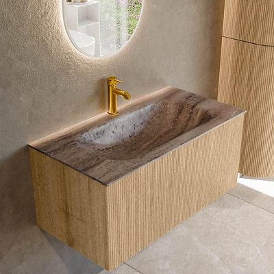 MONDIAZ KURVE-DLUX 90cm badmeubel kleur Oak met 1 lade en 0 deuren. Wastafel BIG SMALL Midden 1 kraangat Oza.