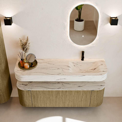 MONDIAZ THOR-DLUX 150cm meuble de salle de bains arrondi gauche + droite couleur Dusk avec 1 tiroir et 2 portes. Vasque suspendue CLOUD Droite 1 trou de robinet couleur Nata.