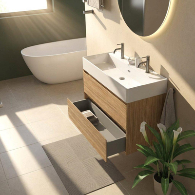 Saniclass Holz Pure Ensemble de meubles de salle de bains - 100x45x72cm - vasque en céramique Legend blanche - 1 vasque - 2 trous de robinetterie - 2 tiroirs - chêne natural mat (bois)