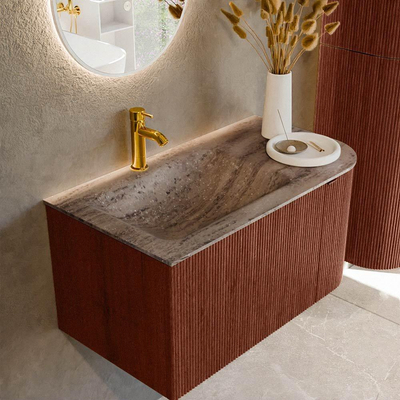 MONDIAZ KURVE-DLUX Meuble de salle de bains 85cm arrondi à droite couleur Ruby avec 1 tiroir et 1 porte. Lavabo CLOUD gauche 1 trou de robinet Oza.