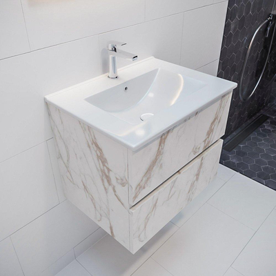 Mondiaz VICA ensemble de meuble de salle de bain - 60cm - meuble sous-vasque carrara - 2 tiroirs - lavabo denia milieu - 1 trou de robinet - miroir LED - version XL 60cm de haut