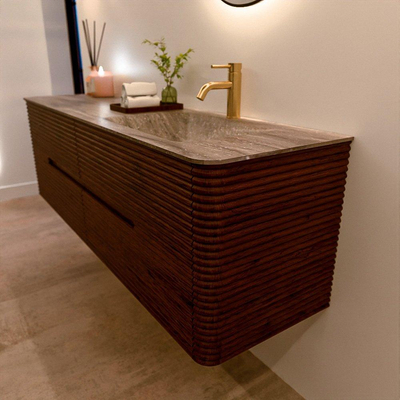 Mondiaz CIRO-DLUX Badkamermeubelset - 160x45x50cm - Solid surface wastafel Oza - 1 wasbak Rechts - 1 kraangat - 4 lades - Ruby