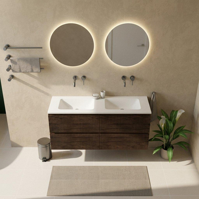 Saniclass Holz Atelier Ensemble de meuble de salle de bains - 140x45x77.5cm - vasque Torino en solid surface blanc - sans trou de robinetterie - 4 tiroirs - chêne charcoal mat (bois)