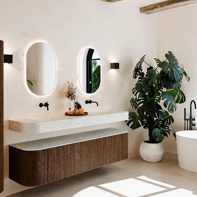 MONDIAZ THOR-DLUX 180cm meuble de salle de bains arrondi gauche + droite couleur Walnut avec 2 tiroirs et 2 portes. Vasque suspendue CLOUD Double sans trou de robinet couleur Opalo.