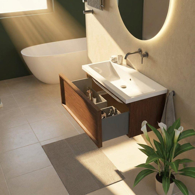 Saniclass Holz Frame Ensemble meuble de salle de bains - 100x45x43.5cm - Bari lavabo en céramique blanc - 1 vasque - sans trou de robinet - 1 tiroir - mat walnut pure (bois)