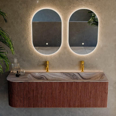 MONDIAZ KURVE-DLUX meuble de salle de bains 145cm arrondi à gauche couleur Ruby avec 1 tiroir et 1 porte. Vasque BIG LARGE à droite 2 trous de robinetterie Sombra.