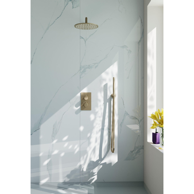 Fortifura Calvi Inbouw Regendoucheset - thermostatisch - wandarm - 25cm - hoofddouche - staaf handdouche - metalen doucheslang - PVD - geborsteld messing (goud)