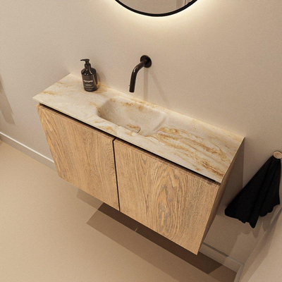 MONDIAZ TURE-DLUX meuble WC 80 cm Washed Oak. Lavabo EDEN Frappe position milieu. Sans trou de robinet.