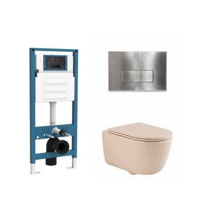 QeramiQ Dely Swirl Ensemble de toilette - réservoir encastré QeramiQ Flush - abattant slim - plaque de commande en métal inox - boutons rectangulaires - beige