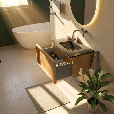 Saniclass Holz Frame Ensemble meuble de salle de bains - 80x45x42cm - lavabo Vygo en céramique noir - 1 vasque - sans trou de robinetterie - 1 tiroir - chêne natural mat (bois)