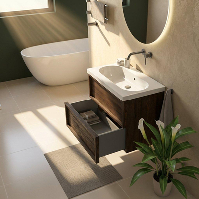 Saniclass Holz Frame Ensemble meuble de salle de bains - 80x45x63.5cm - lavabo en céramique Palermo blanc - 1 vasque - sans trou de robinetterie - 2 tiroirs - chêne charcoal mat (bois)