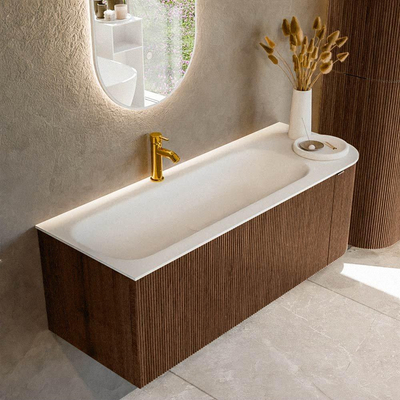MONDIAZ KURVE 125cm badmeubel met module 25 R kleur Walnut met 1 lade en 1 deur. Wastafel BIG MEDIUM links 1 kraangat Talc.