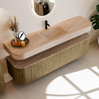 MONDIAZ THOR-DLUX 180cm meuble de salle de bains arrondi gauche + droite couleur Dusk avec 2 tiroirs et 2 portes. Vasque suspendue CLOUD Milieu 1 trou de robinet couleur Saba.