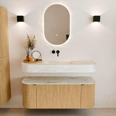 MONDIAZ THOR-DLUX 120cm badmeubel ronding links + rechts kleur Oak met 1 lade en 2 deuren. Vrijhangende wastafel CLOUD Midden zonder kraangat kleur Ostra.