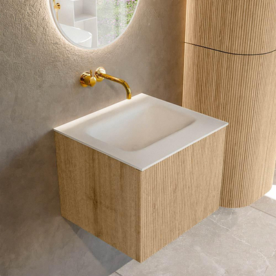 MONDIAZ KURVE 50cm Meuble salle de bain - couleur Oak - 1 tiroir - vasque GRUNNE centre - sans trous de robinet - Talc