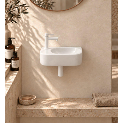 QeramiQ Fuente fonteinset – halfrond – 40x21.5x12 cm – keramiek wit glans – kraangat links – mat witte kraan