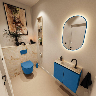 MONDIAZ TURE-DLUX Meuble toilette - 60cm - Jeans - EDEN - vasque Frappe - position centrale - 1 trou de robinet