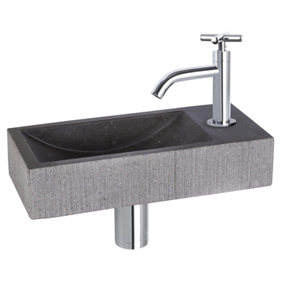 Differnz Ribble fonteinset - 38x18x8cm - Rechthoek - 1 kraangat - chroom kraan - kruisgreep - natuursteen zwart SHOWROOMMODEL