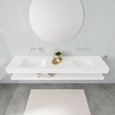 MONDIAZ ALAN 200cm - Ensemble meuble de salle de bains - solid surface - tablette avec lavabo suspendu - 2 bassins - 0 trous de robinet - talc