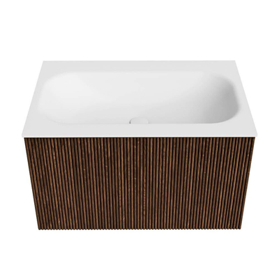 MONDIAZ KURVE 70cm badmeubel kleur Walnut met 1 lade. Wastafel BIG SMALL midden 1 kraangat Talc.
