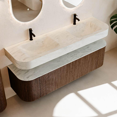 MONDIAZ THOR-DLUX 160cm meuble de salle de bains arrondi gauche + droite couleur Walnut avec 1 tiroir et 2 portes. Vasque suspendue CLOUD Double 2 trous de robinet couleur Opalo.