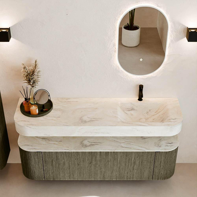 MONDIAZ THOR-DLUX 160cm meuble de salle de bains arrondi gauche + droite couleur Shadow avec 1 tiroir et 2 portes. Vasque suspendue CLOUD Droite 1 trou de robinet couleur Ostra.