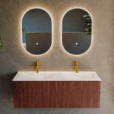 Mondiaz KURVE-DLUX Ensemble de meuble salle de bain - 120x46x40cm - 1 tiroir - lavabo en solid surface - double - 2 trous de robinet - Ruby