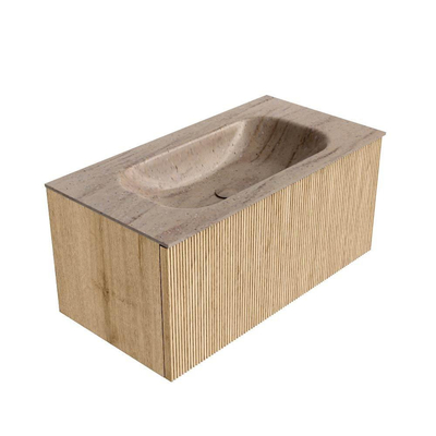 MONDIAZ KURVE-DLUX 90cm badmeubel kleur Oak met 1 lade en 0 deuren. Wastafel BIG SMALL Midden zonder kraangat Saba.
