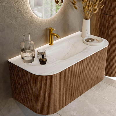 MONDIAZ KURVE-DLUX 100cm Meuble salle de bain avec module 25 G et D - couleur Walnut - 1 tiroir - 2 portes - vasque GRUNNE centre - 1 trou de robinet - couleur Ostra