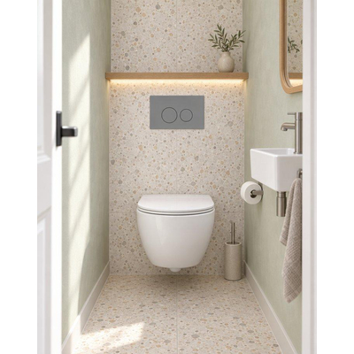 QeramiQ Dely Swirl Compact Toiletset - inbouwreservoir Geberit UP320 - met Burda frame - slim zitting - kunststof bedieningsplaat licht grijs - ronde knoppen - mat wit