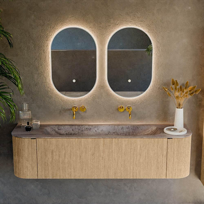 MONDIAZ KURVE-DLUX Meuble de salle de bains 170 cm arrondi gauche + droite couleur chêne avec 1 tiroir et 2 portes. Lavabo BIG LARGE Central sans trou de robinet Oza.