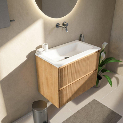 Saniclass Holz Atelier Ensemble de meubles de salle de bains - 80x45x77,5cm - lavabo Torino en solid surface blanc - sans trou de robinetterie - 2 tiroirs - chêne naturel mat (bois)