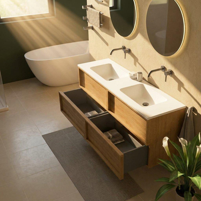 Saniclass Holz Frame Ensemble meuble de salle de bains - 160x45x77.5cm - vasque Torino en solid surface blanche - sans trou de robinetterie - 4 tiroirs - chêne natural mat (bois)