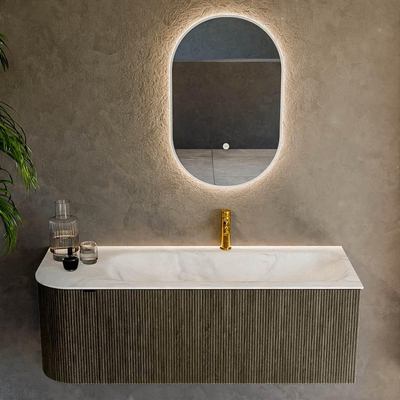 Mondiaz KURVE-DLUX Ensemble meuble de salle de bains - 125x46x40cm - 1 tiroir - 1 porte - lavabo solid surface - droite - 1 trou de robinet - Shadow
