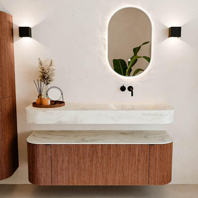 MONDIAZ THOR-DLUX 140cm meuble de salle de bains arrondi gauche + droite couleur Ruby avec 1 tiroir et 2 portes. Vasque suspendue CLOUD Droite sans trou de robinet couleur Ostra.