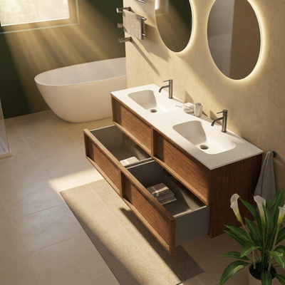 Saniclass Holz Frame Ensemble meuble de salle de bains - 160x45x61.5cm - Flow lavabo en solid surface blanc - 2 vasques - 2 trous de robinet - 4 tiroirs - mat walnut pure (bois)