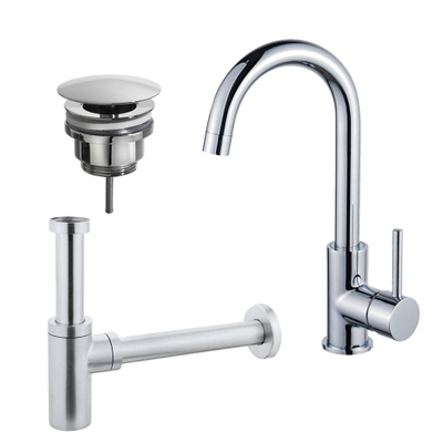Fortifura Calvi Wastafelkraanset - hoge wastafelkraan - draaibare - uitloop - always open plug - design - sifon - hoogglans chroom