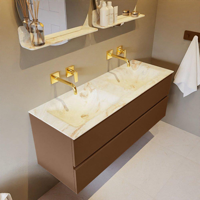 MONDIAZ VICA-DLUX Ensemble meuble de salle de bains - 130cm - meuble bas rust- 2 tiroirs - lavabo encastré cloud double - sans trous de robinet - version haute 60cm - frape