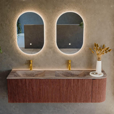 MONDIAZ KURVE-DLUX 155cm meuble de salle de bains avec arrondi à droite couleur Ruby avec 2 tiroirs et 1 porte. Lavabo LEAF Double / Gauche 2 trous de robinet Oza.