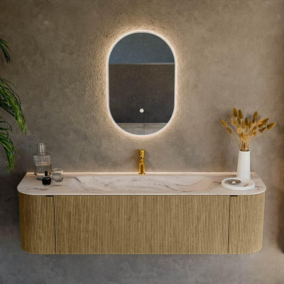 MONDIAZ KURVE-DLUX 160cm badmeubel ronding Links + Rechts kleur Dusk met 1 lade en 2 deuren. Wastafel BIG MEDIUM Midden 1 kraangat Nata.