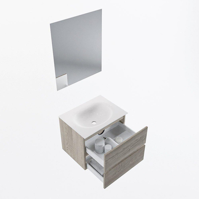 Mondiaz VICA ensemble de meuble de salle de bain - 60cm - meuble sous-vasque marron clair gris - 2 tiroirs - lavabo lune milieu - sans trous de robinet - couleur talc - miroir LED - version XL 60cm de haut