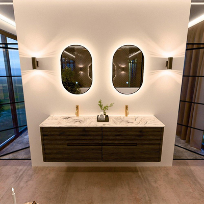 Mondiaz CIRO-DLUX Badkamermeubelset - 160x45x50cm - Solid surface wastafel Glace - 2 wasbak Dubbel - 2 kraangaten - 4 lades - Shadow