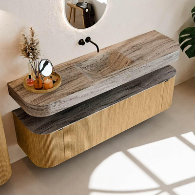 MONDIAZ THOR-DLUX 170cm badmeubel ronding links + rechts kleur Oak met 1 lade en 2 deuren. Vrijhangende wastafel CLOUD Midden zonder kraangat kleur Oza.