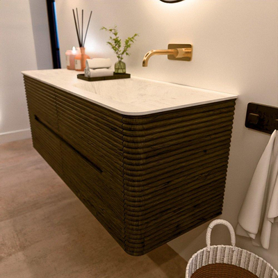 Mondiaz CIRO-DLUX Ensemble de meubles de salle de bains - 130x45x50cm - plan vasque Solid surface Opalo - 1 vasque à droite - sans trous de robinet - 4 tiroirs - Shadow