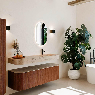 MONDIAZ THOR-DLUX 150cm meuble de salle de bains arrondi gauche + droite couleur Ruby avec 1 tiroir et 2 portes. Vasque suspendue CLOUD Droite 1 trou de robinet couleur Arena.