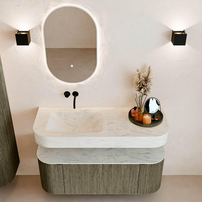 MONDIAZ THOR-DLUX 120cm meuble de salle de bains arrondi gauche + droite couleur Shadow avec 1 tiroir et 2 portes. Vasque suspendue CLOUD Gauche sans trou de robinet couleur Opalo.